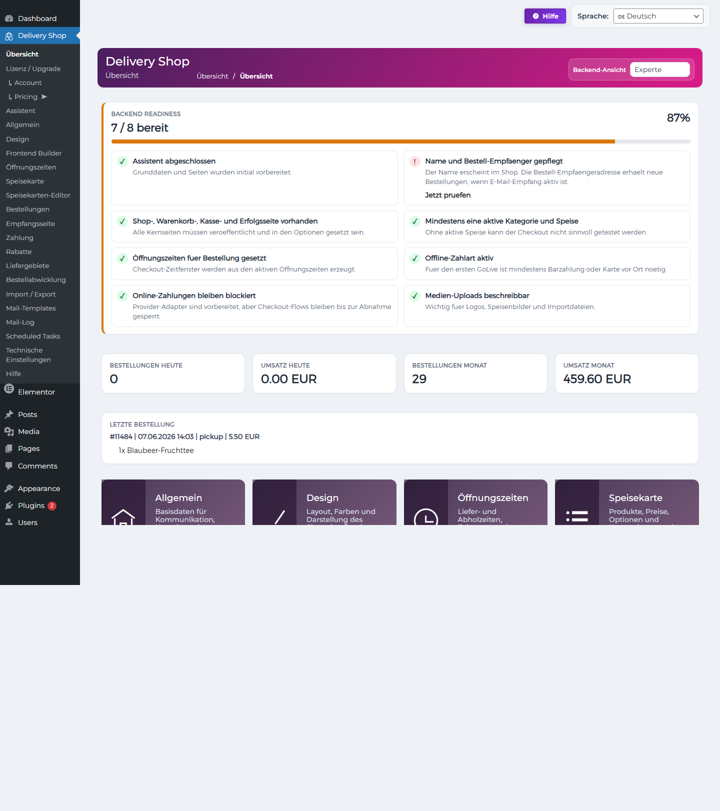 DeliveryKing Startbereich im WordPress Backend