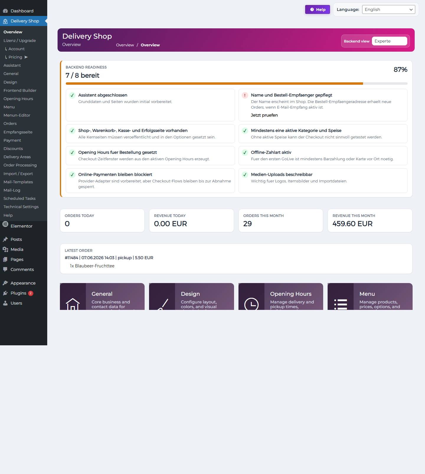 DeliveryKing start area in the WordPress backend