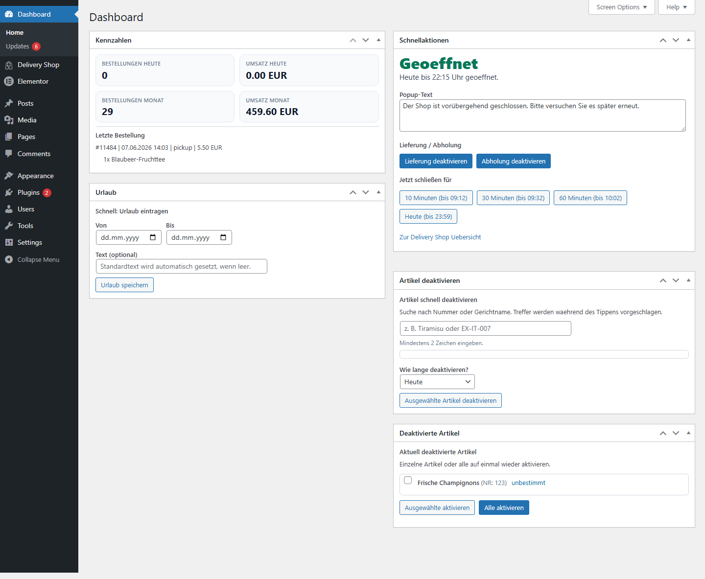 DeliveryKing Dashboard mit Komfortfunktionen im WordPress Backend