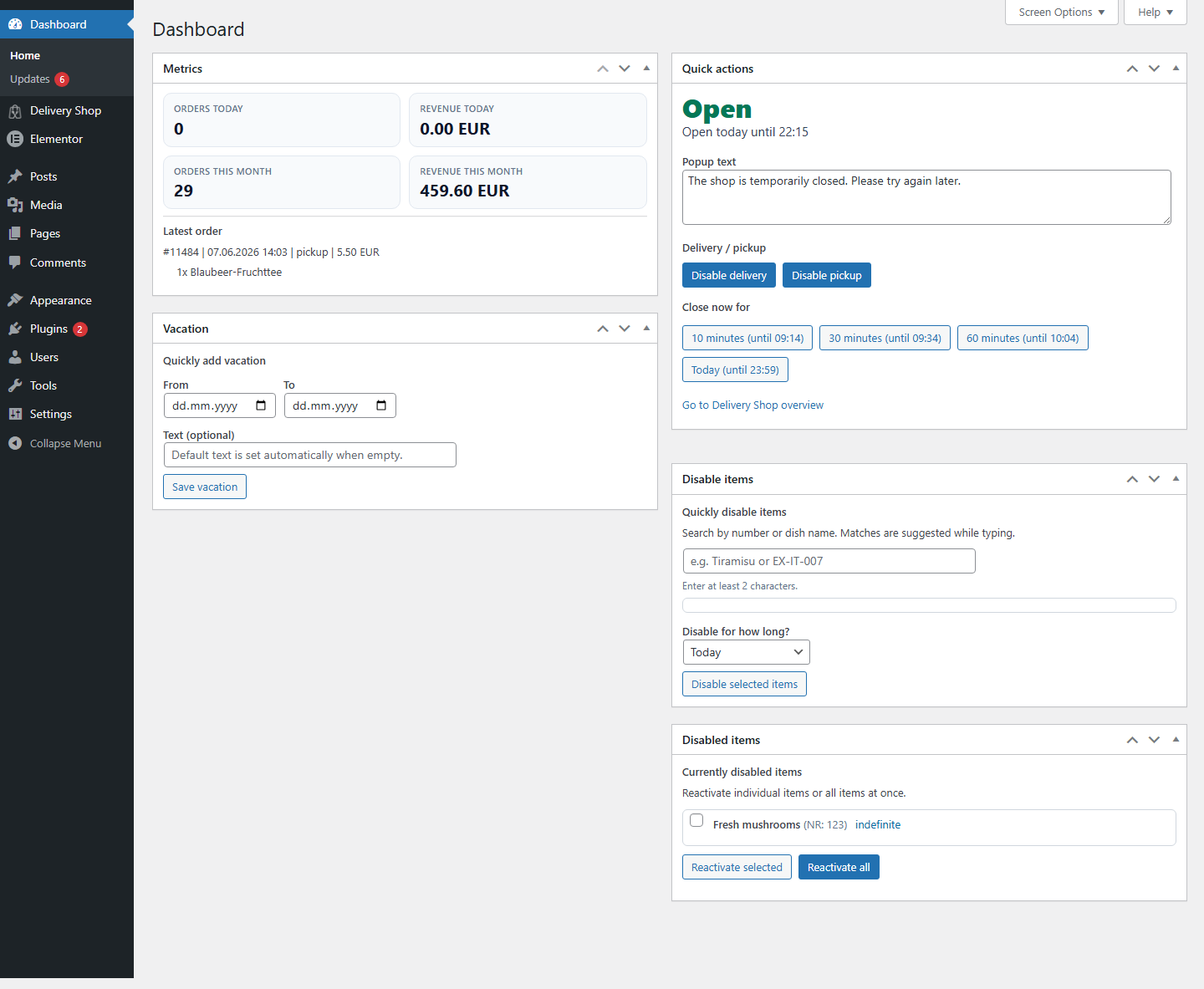 DeliveryKing dashboard with comfort functions in the WordPress backend