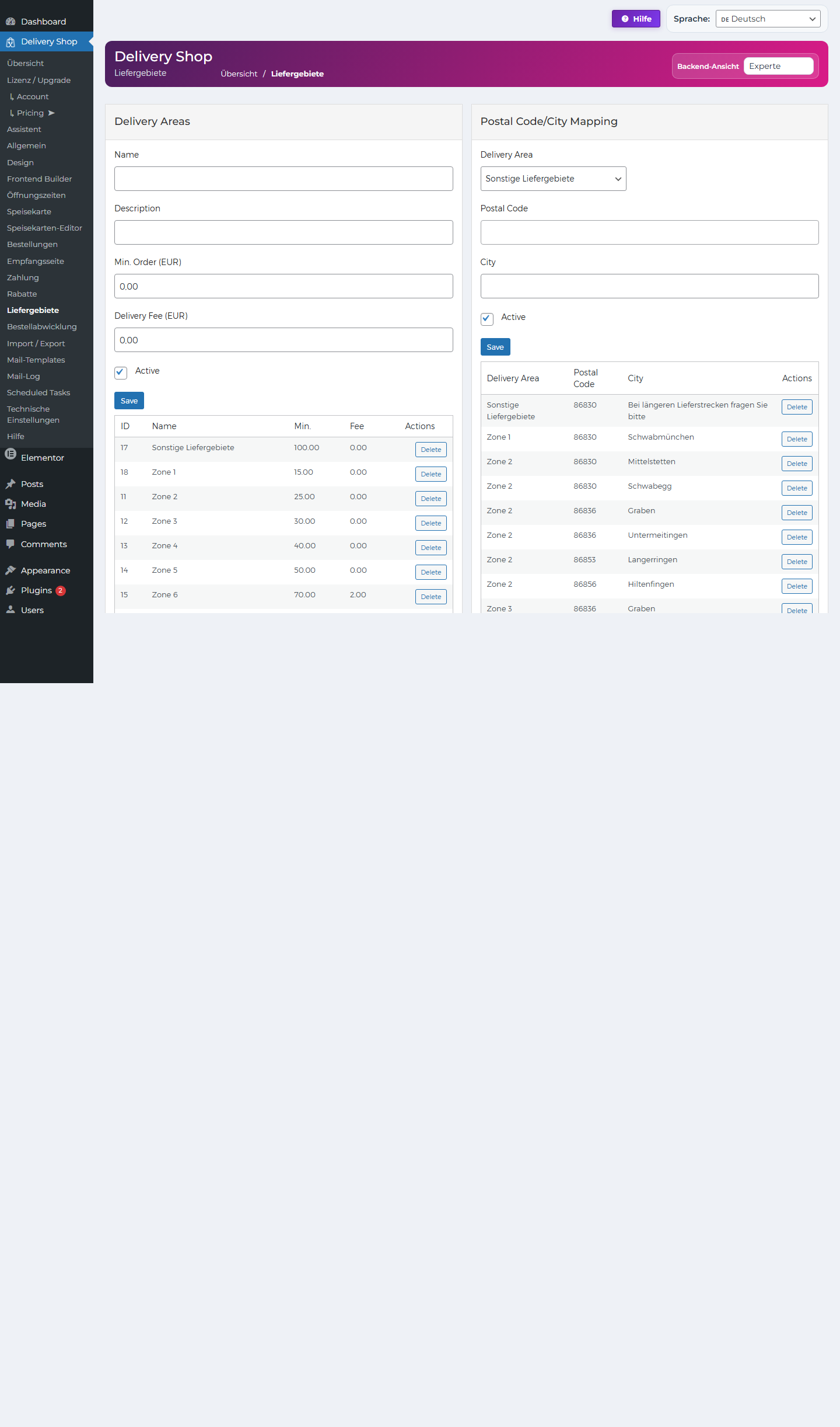 DeliveryKing Liefergebiete im WordPress Backend