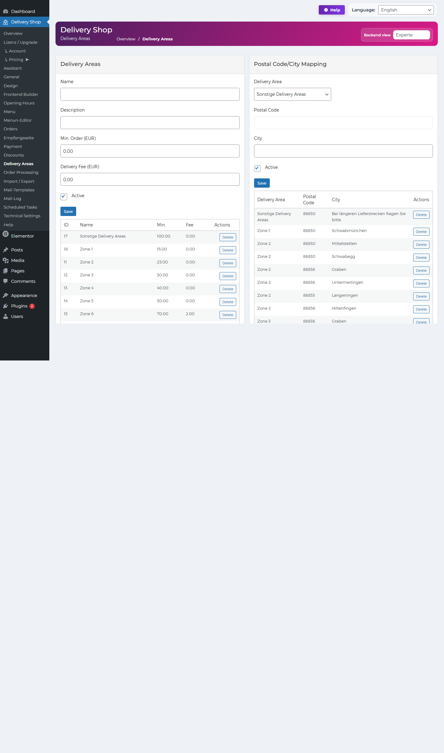 DeliveryKing delivery areas in the WordPress backend