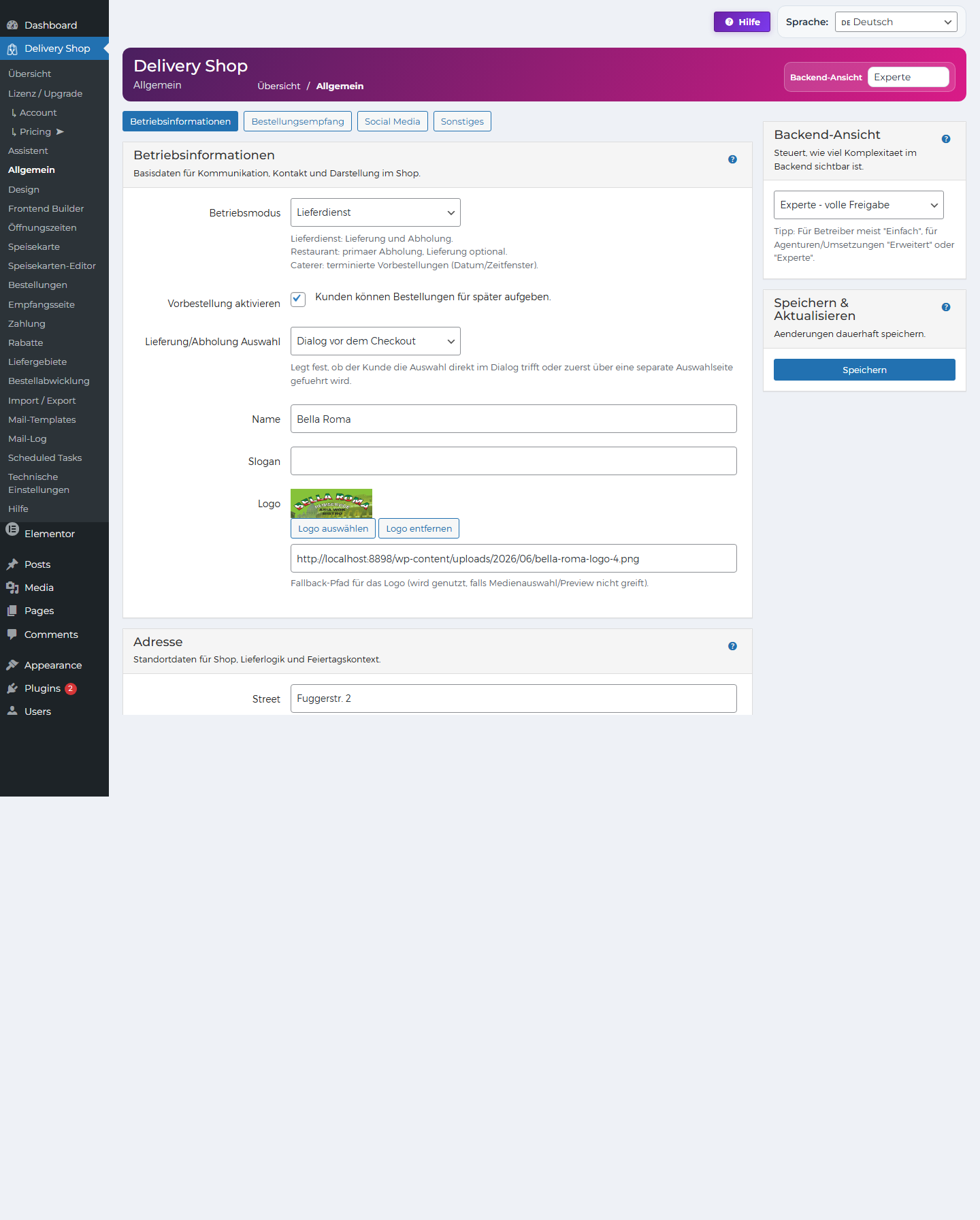 DeliveryKing Allgemein Einstellungen im WordPress Backend