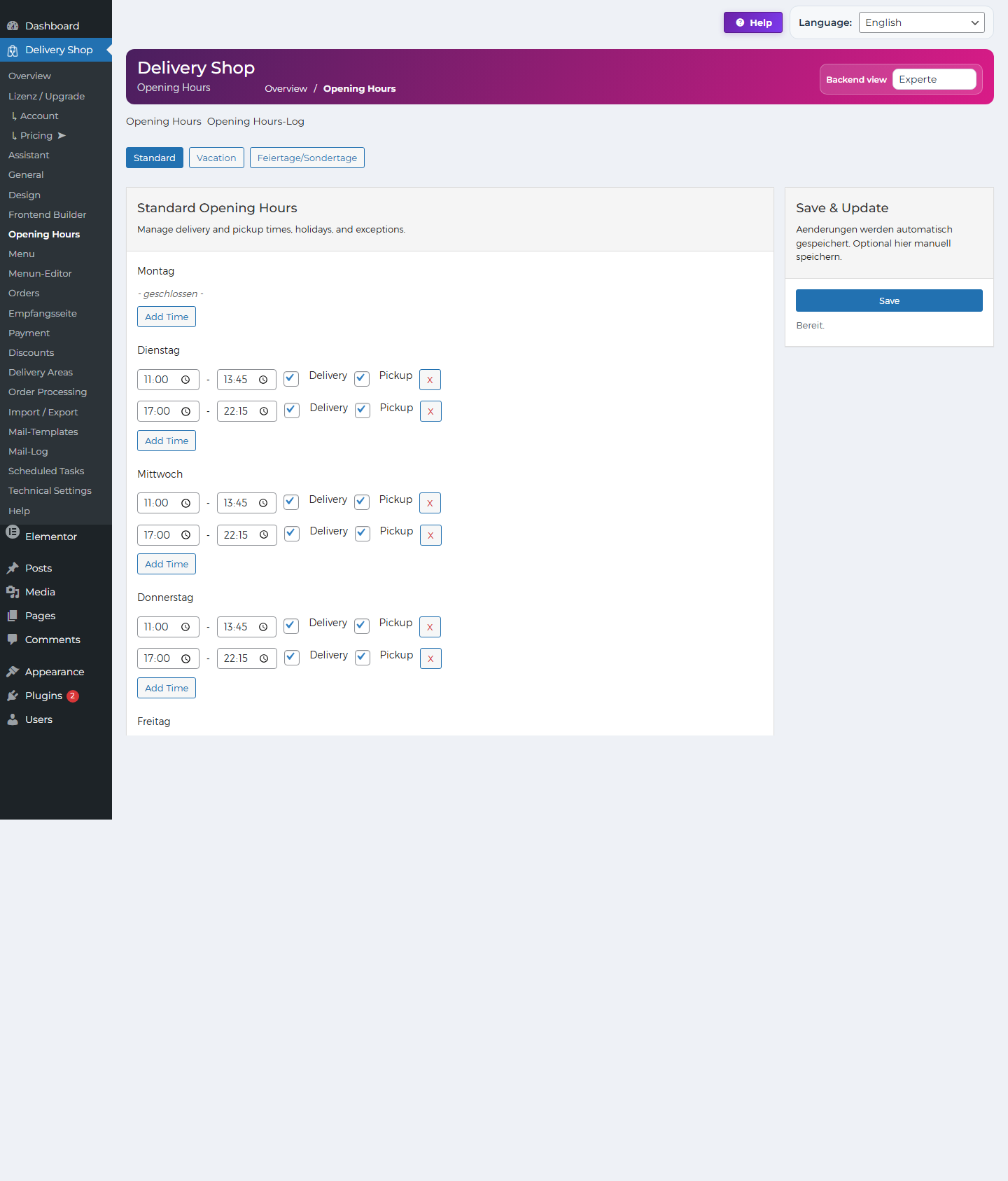 DeliveryKing opening hours in the WordPress backend