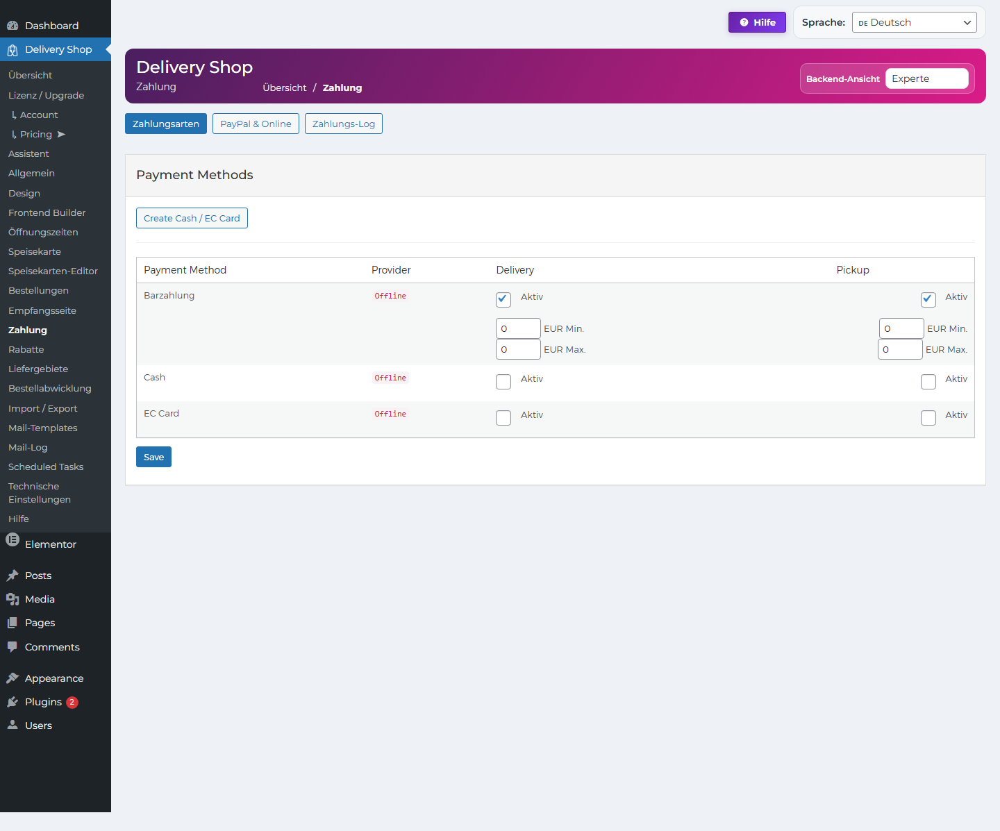 DeliveryKing Zahlungsarten im WordPress Backend