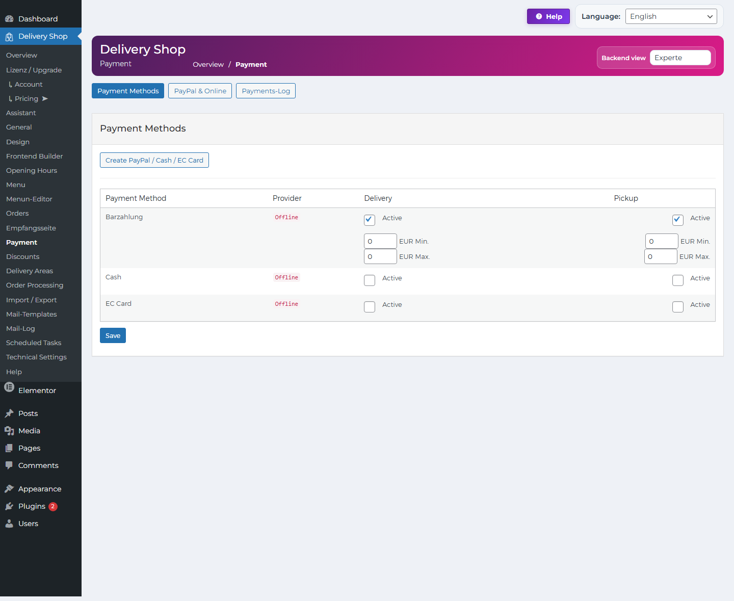 DeliveryKing payment methods in the WordPress backend