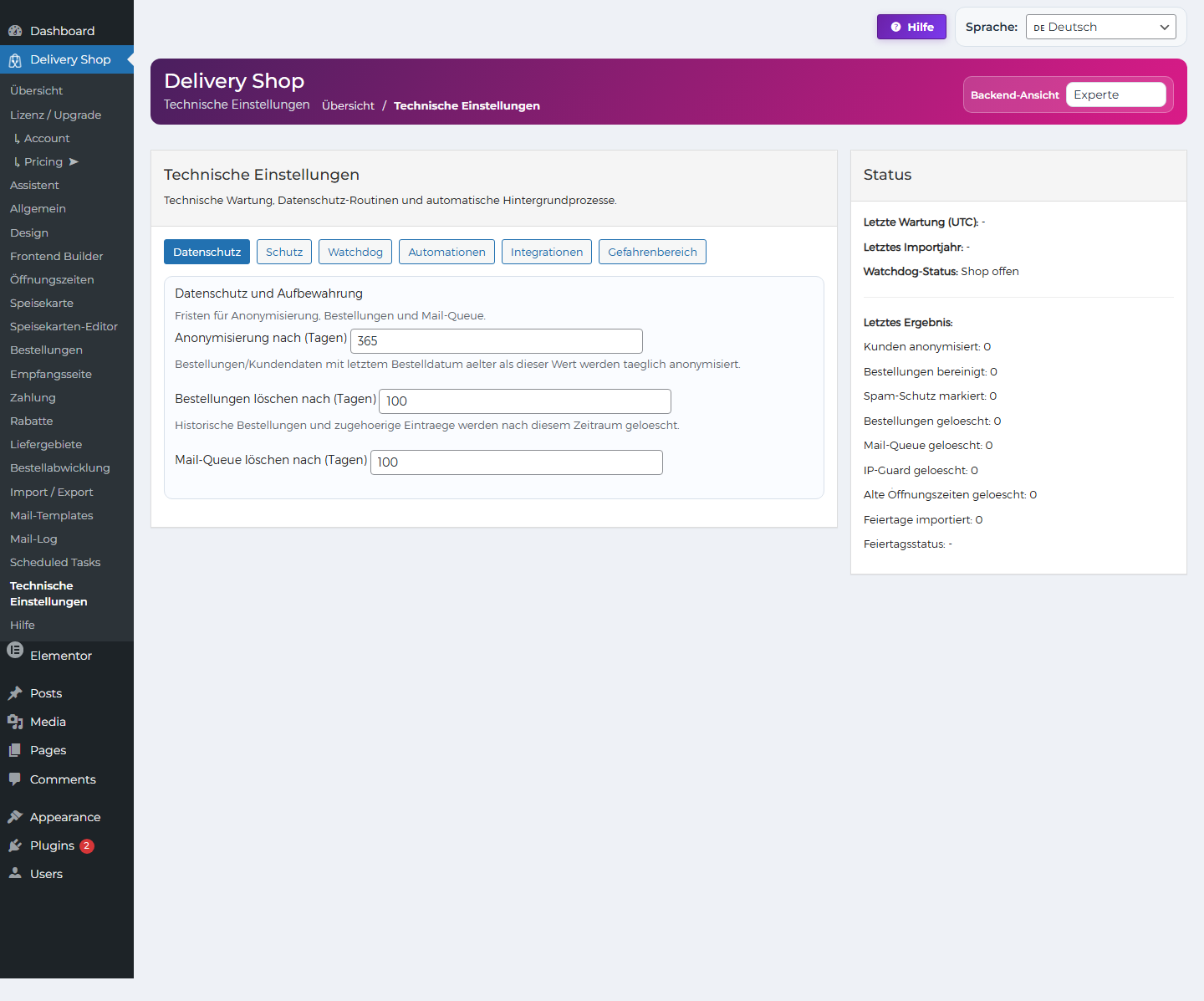 DeliveryKing technische Einstellungen