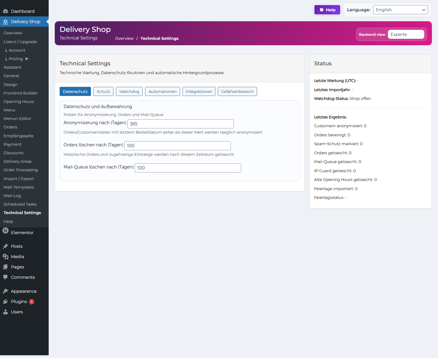 DeliveryKing technical settings