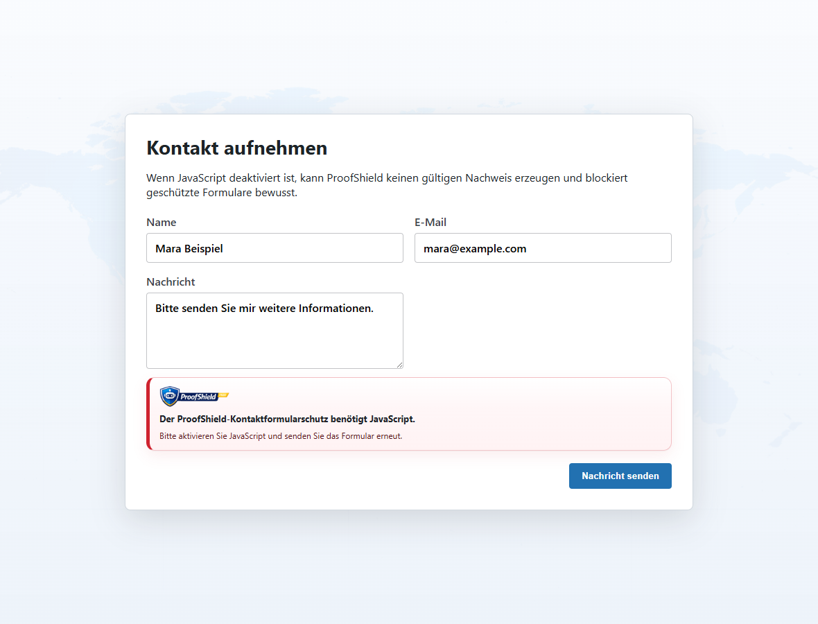 ProofShield Hinweis bei deaktiviertem JavaScript