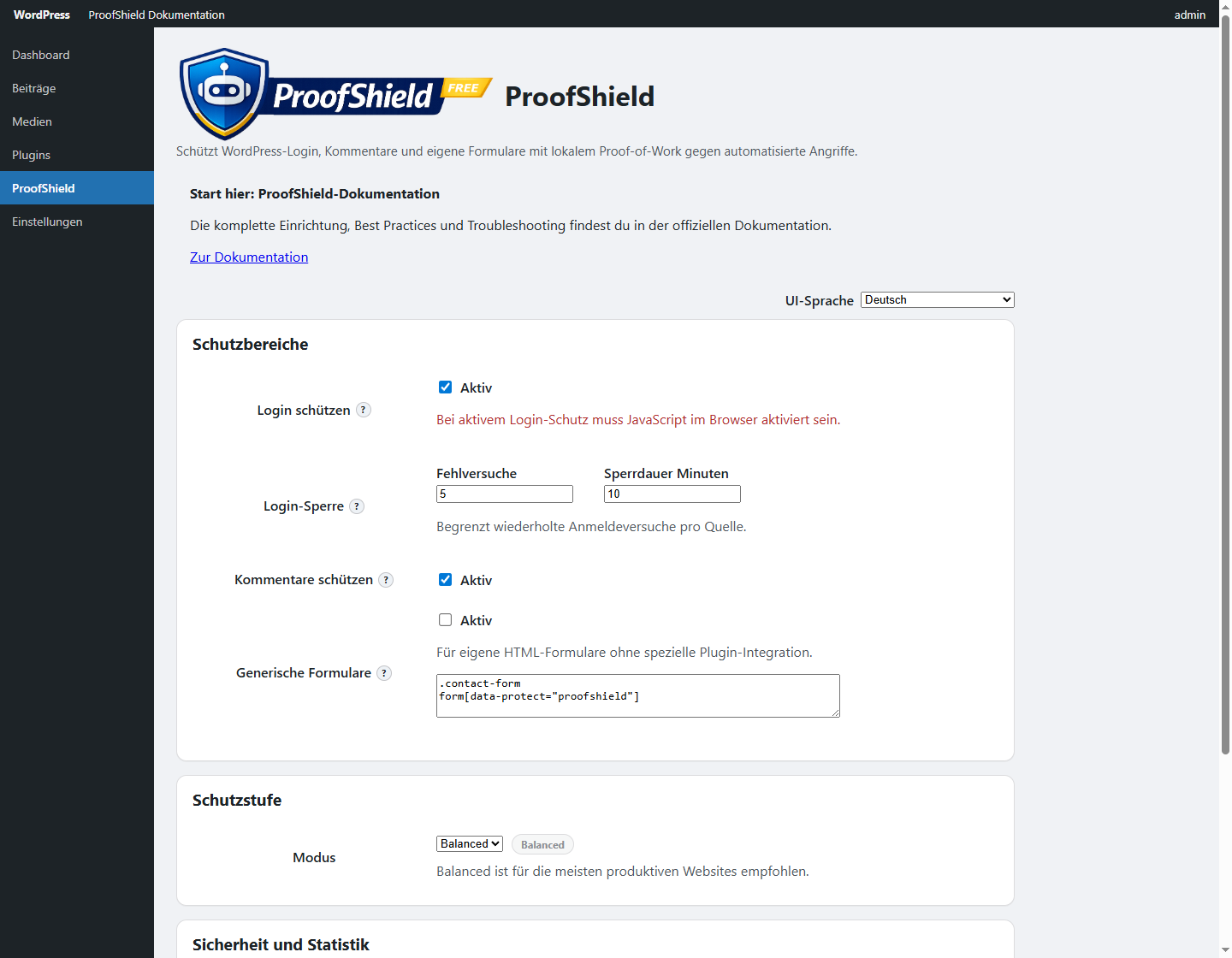 ProofShield Einstellungsübersicht im WordPress-Backend